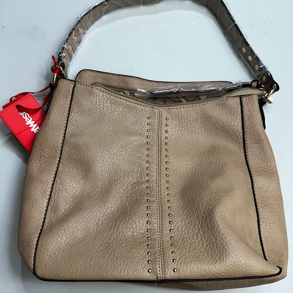 NWT Montana West tan faux leather purse with stud details, short and long strap